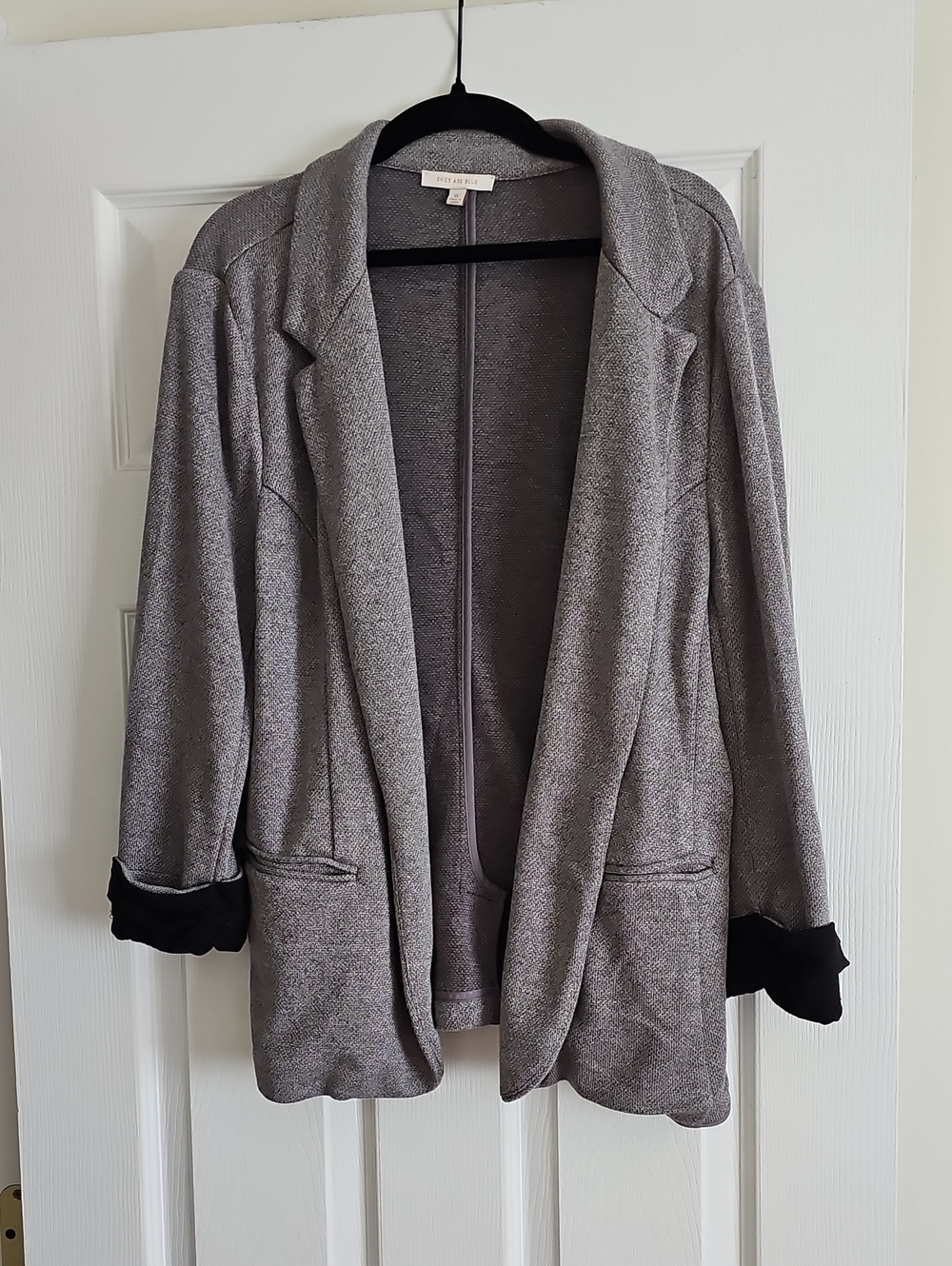 Light Gray Open Front Blazer Jacket with Black Cuff Detail
